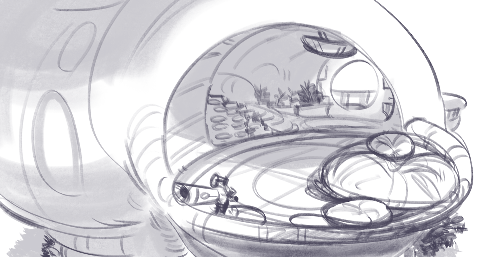 Sketch of the outdoor area with a telescope and couch
